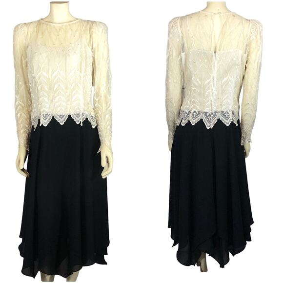 Vintage Cachet By Bari Protas dress with Embroidered lace black cream size 9-10 - Picture 1 of 12